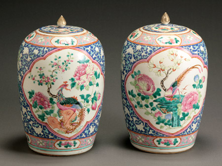 Appraisal: Pair of Chinese 'Famille Rose' 'Phoenix' Covered Jars Late th