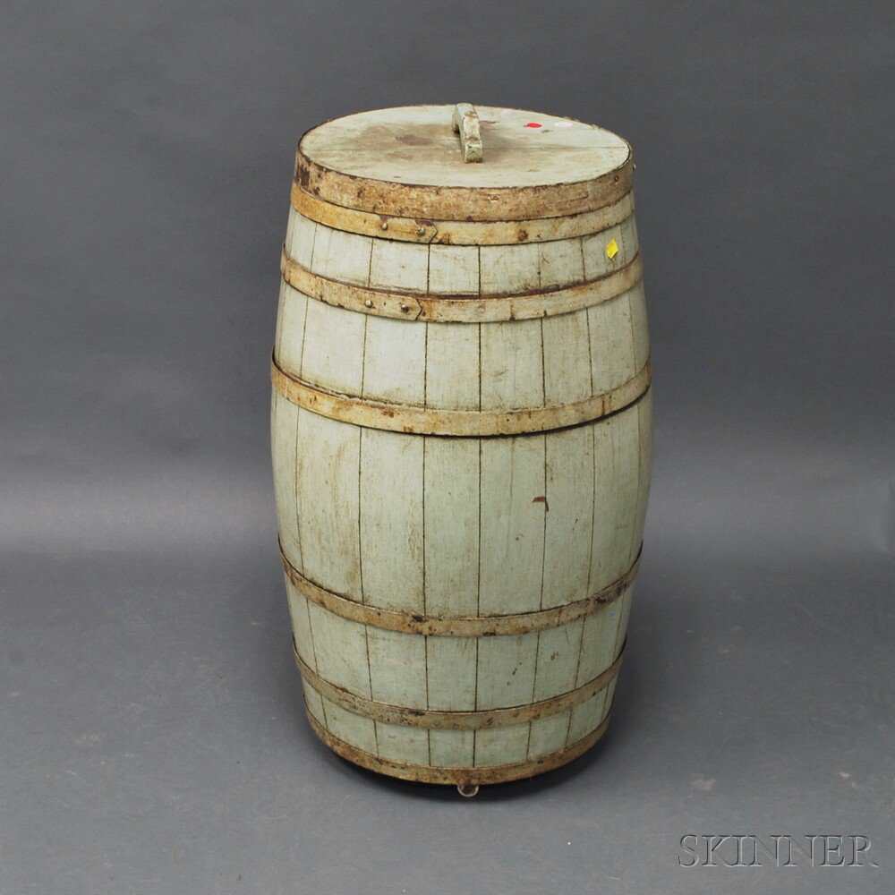 Appraisal: Green-painted and Iron-bound Lidded Barrel early th century ht dia