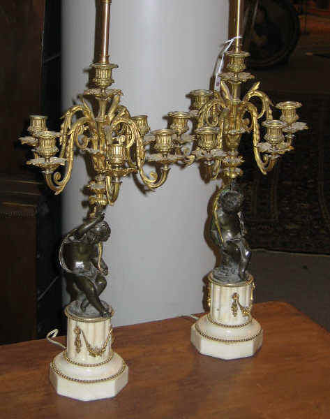 Appraisal: PAIR CONTINENTAL GILT BRONZE AND MARBLE CANDELABRA Each of five