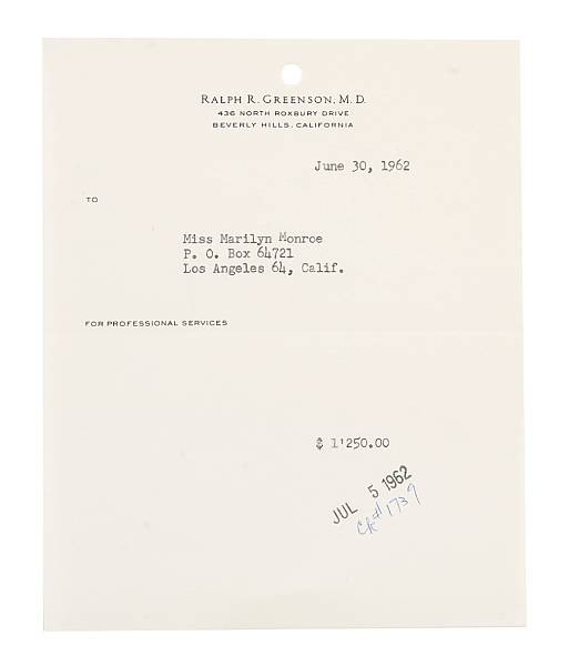 Appraisal: A Marilyn Monroe receipt from Dr Ralph R Greenson Typed