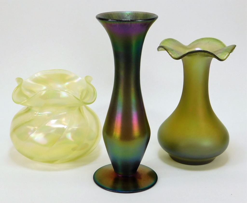 Appraisal: ATTR LOETZ IRIDESCENT BOHEMIAN ART GLASS VASES Bohemia Early th