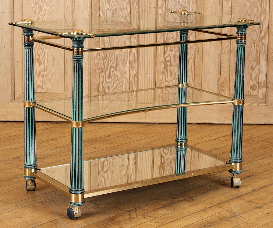 Appraisal: -TIERED BRASS GLASS TEA TABLE MIRRORED BASE A three tiered