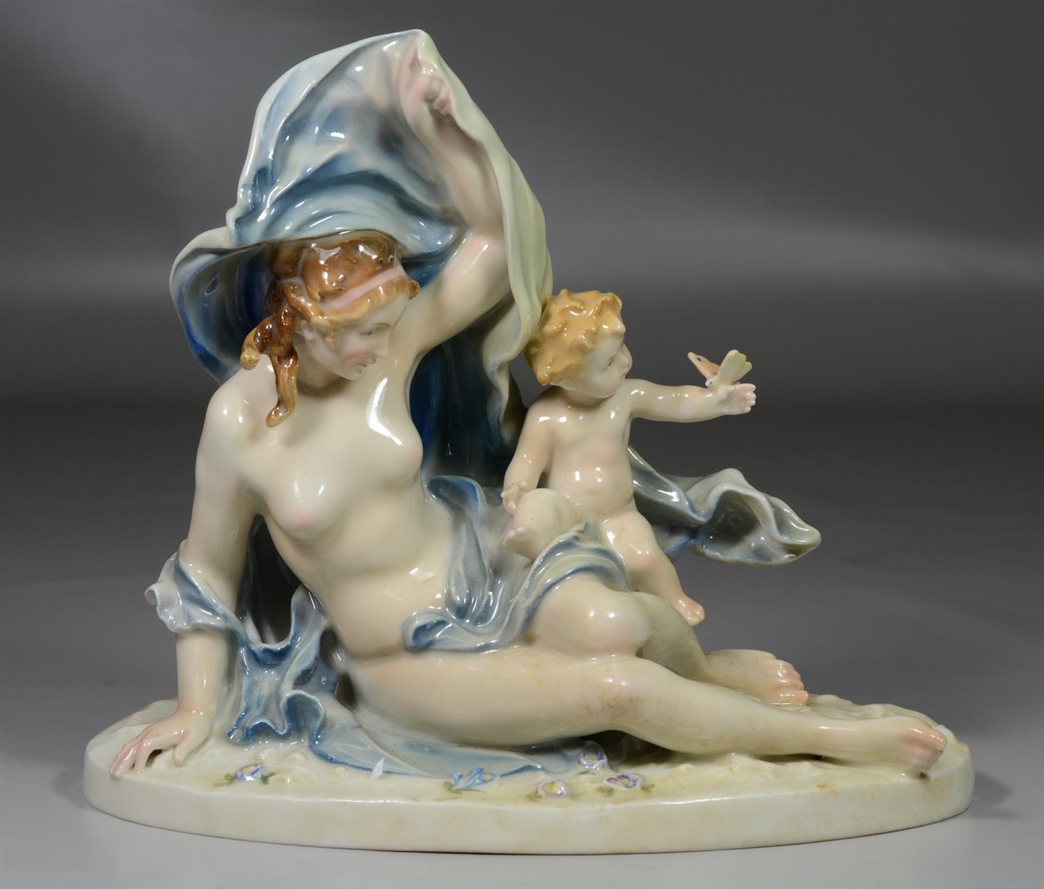 Appraisal: Karl Ens German porcelain nude Nymph Putto figurine h x