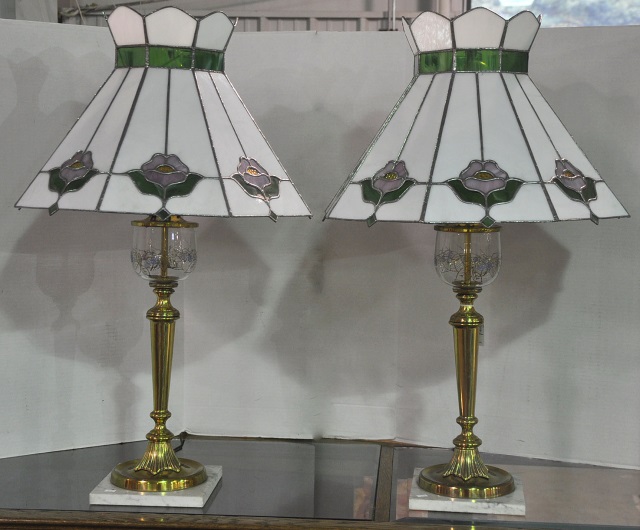 Appraisal: Pair Brass LampsWith leaded glass shades Marble bases high