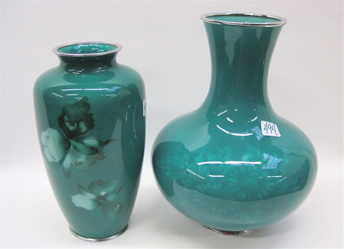 Appraisal: TWO JAPANESE SIGNED ENAMEL VASES green with floral decoration Heights