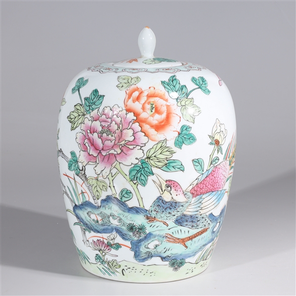 Appraisal: Chinese famille rose enameled porcelain covered vase with allover birds