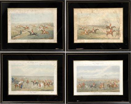 Appraisal: English School th C Four Hunt Scenes Hand-colored etchings framed