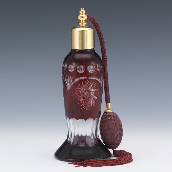 Appraisal: RUBY RED CUT BACK GLASS PERFUME BOTTLE WITH ATOMIZER Ruby