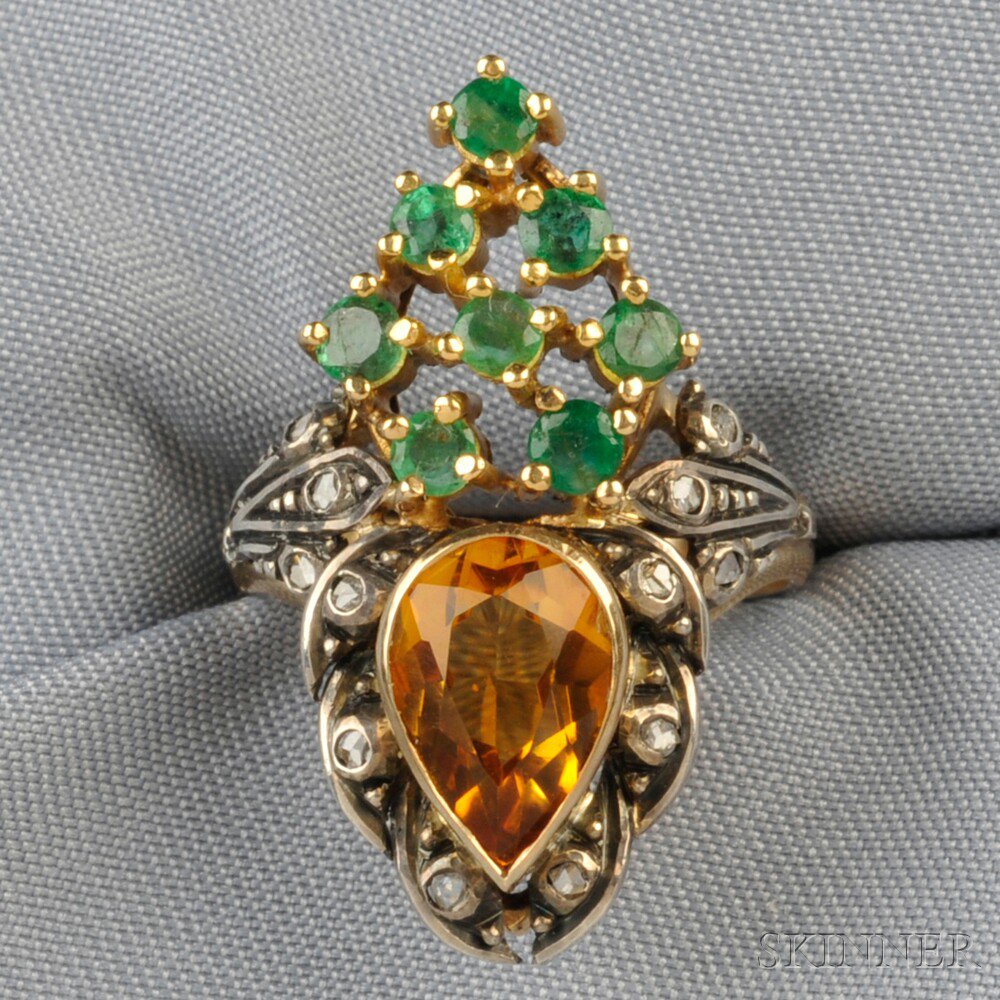 Appraisal: Citrine Emerald and Diamond Ring Portugal bezel-set with a pear-shaped