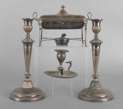 Appraisal: Pair of Sheffield plated candlesticks h together with a warming