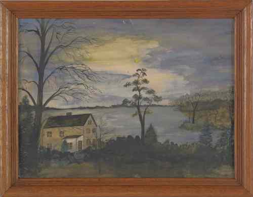 Appraisal: Watercolor landscape of a house by a lake early th