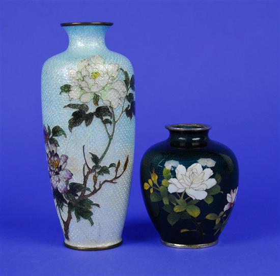 Appraisal: TWO JAPANESE CLOISONNE CHRYSANTHEMUM DECORATED VASES one with fish scale