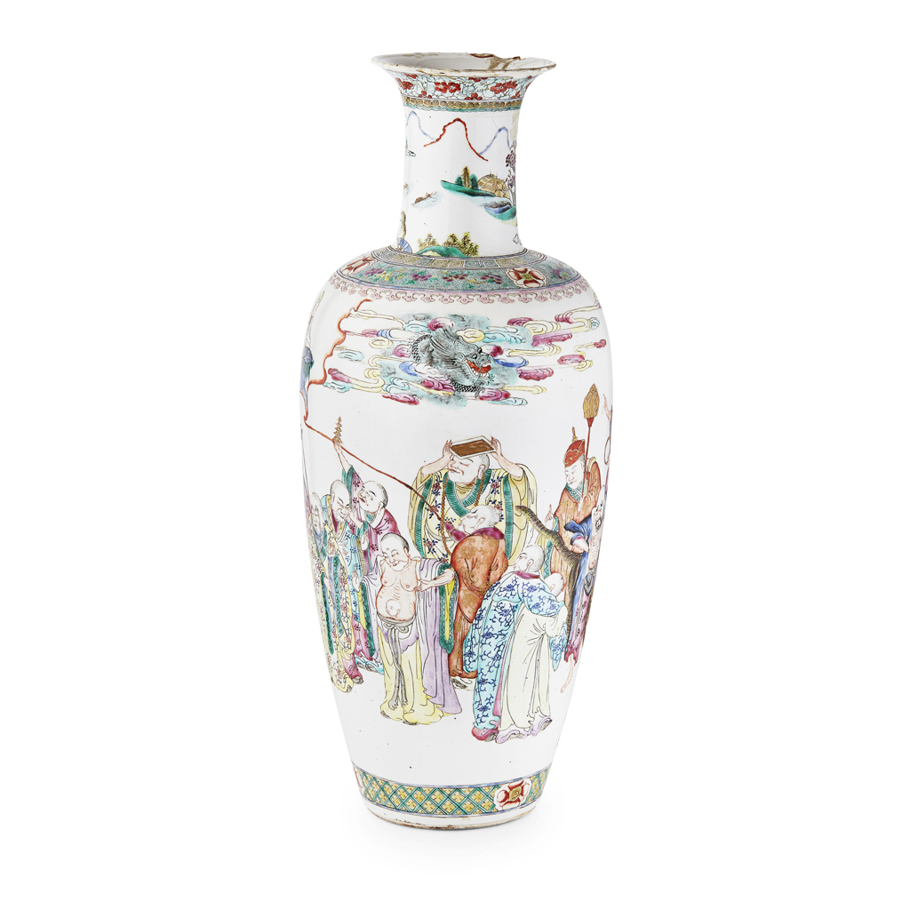 Appraisal: FAMILLE ROSE 'EIGHTEEN ARHATS' VASE REPUBLIC PERIOD decorated in polychrome