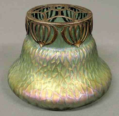 Appraisal: Loetz green Art Nouveau glass vase with pierced copper top