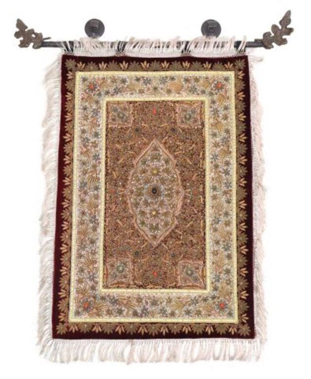 Appraisal: Zardozi style tapestry on red velvet ground with floral gold-toned