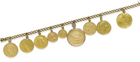 Appraisal: GOLD COIN BRACELET ca Yellow gold - g Decorative curb