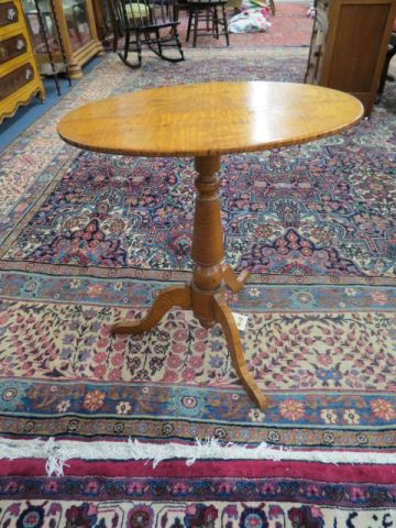 Appraisal: Period Tiger Maple Candlestand tilt-top oval tri-footed top is x