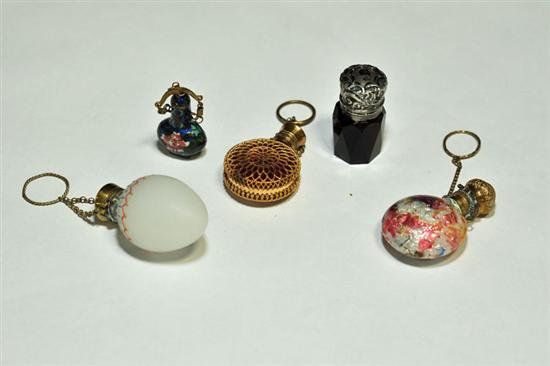 Appraisal: FIVE MINIATURE PERFUME BOTTLES Including four chatelaine-type scent bottles One