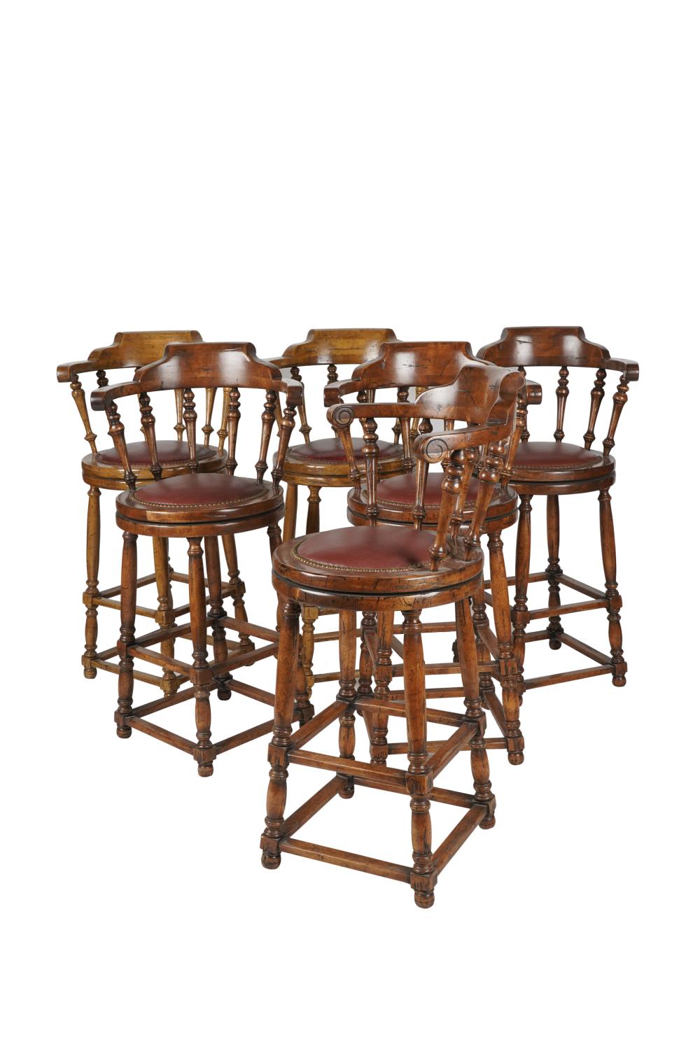 Appraisal: SIX SWIVEL BARSTOOLSmanufacturer unknown each with distressed finish and burgundy