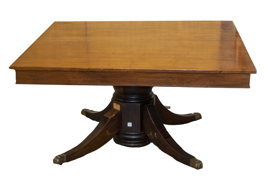 Appraisal: SQUARE MAHOGANY PEDESTAL BASE DINING TABLE WITH LEAVES CIRCA Substantial