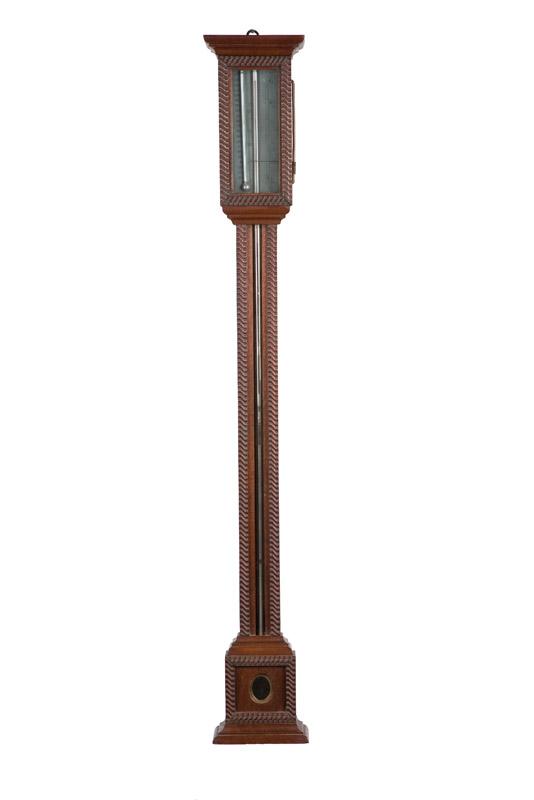 Appraisal: STICK BAROMETER American late th century mahogany Metal face and