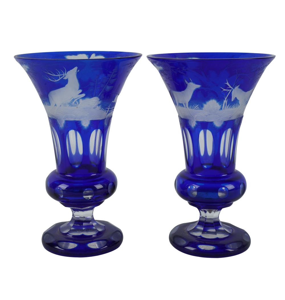 Appraisal: PAIR OF BOHEMIAN CASED GLASS VASESunsigned cobalt cut to clear