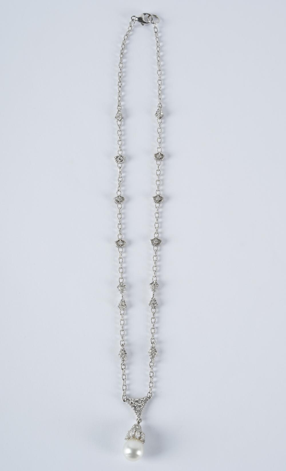 Appraisal: DON RICKLES KARAT WHITE GOLD DIAMOND CULTURED PEARL NECKLACEcontaining marquise