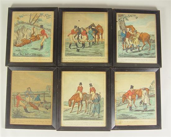 Appraisal: Six Hand-Colored Comic Hunt Scene Etchings Henry Alken English -