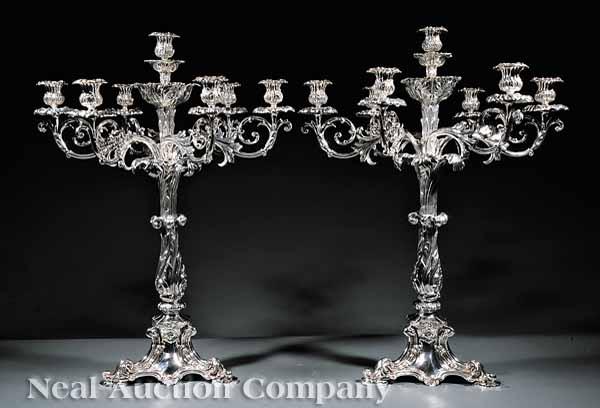 Appraisal: A Pair of Monumental Regency-Style Silverplate Seven-Light Candelabra acanthus decorated