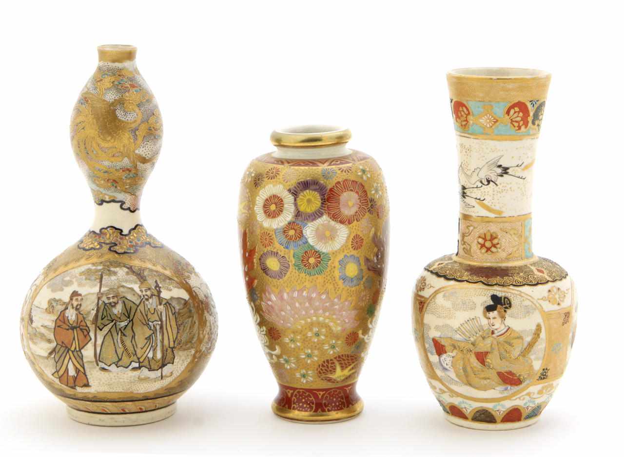 Appraisal: A group of three Satsuma vases together with two wood