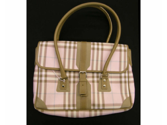 Appraisal: Burberry London pink plaid handbag vinyl exterior beige cloth interior