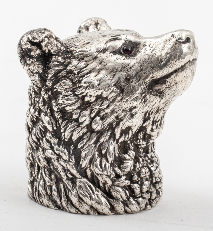 Appraisal: FABERGE MANNER GEMSET SILVER BEAR FORM STIRRUP CUP Silver bear