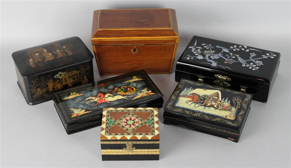 Appraisal: ZEBRA WOOD TEA CADDY AND FIVE OTHER BOXES the first