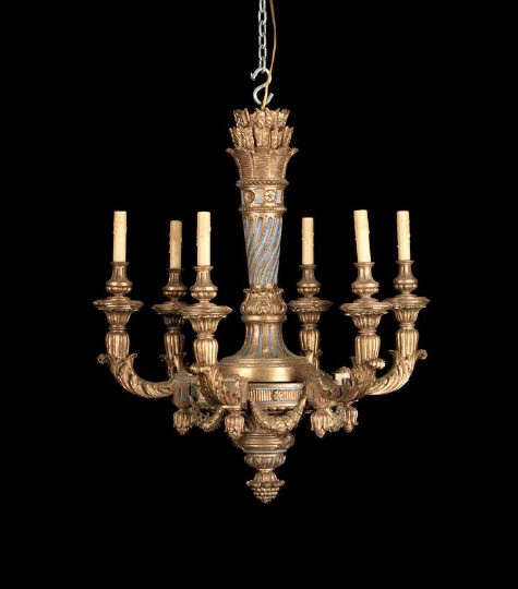 Appraisal: Italian Giltwood Six-Light Chandelier early th century the spiral-fluted torchere-form