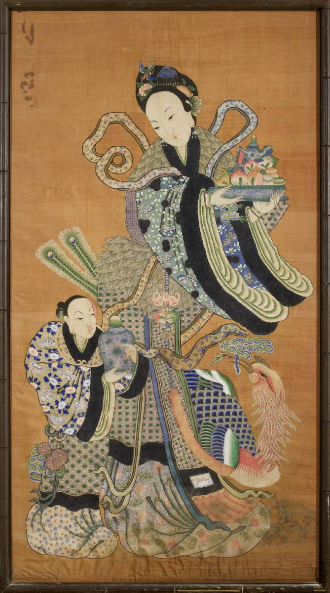 Appraisal: LARGE JAPANESE WATERCOLOR-ON-SILK PANEL DEPICTING TWO GEISHA In a simulated