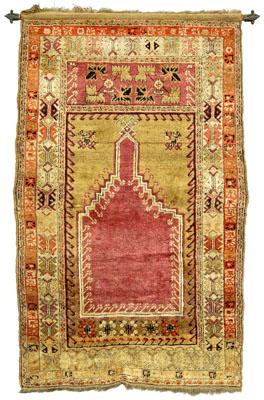 Appraisal: Turkish prayer rug purple salmon mihrab with stepped sides on