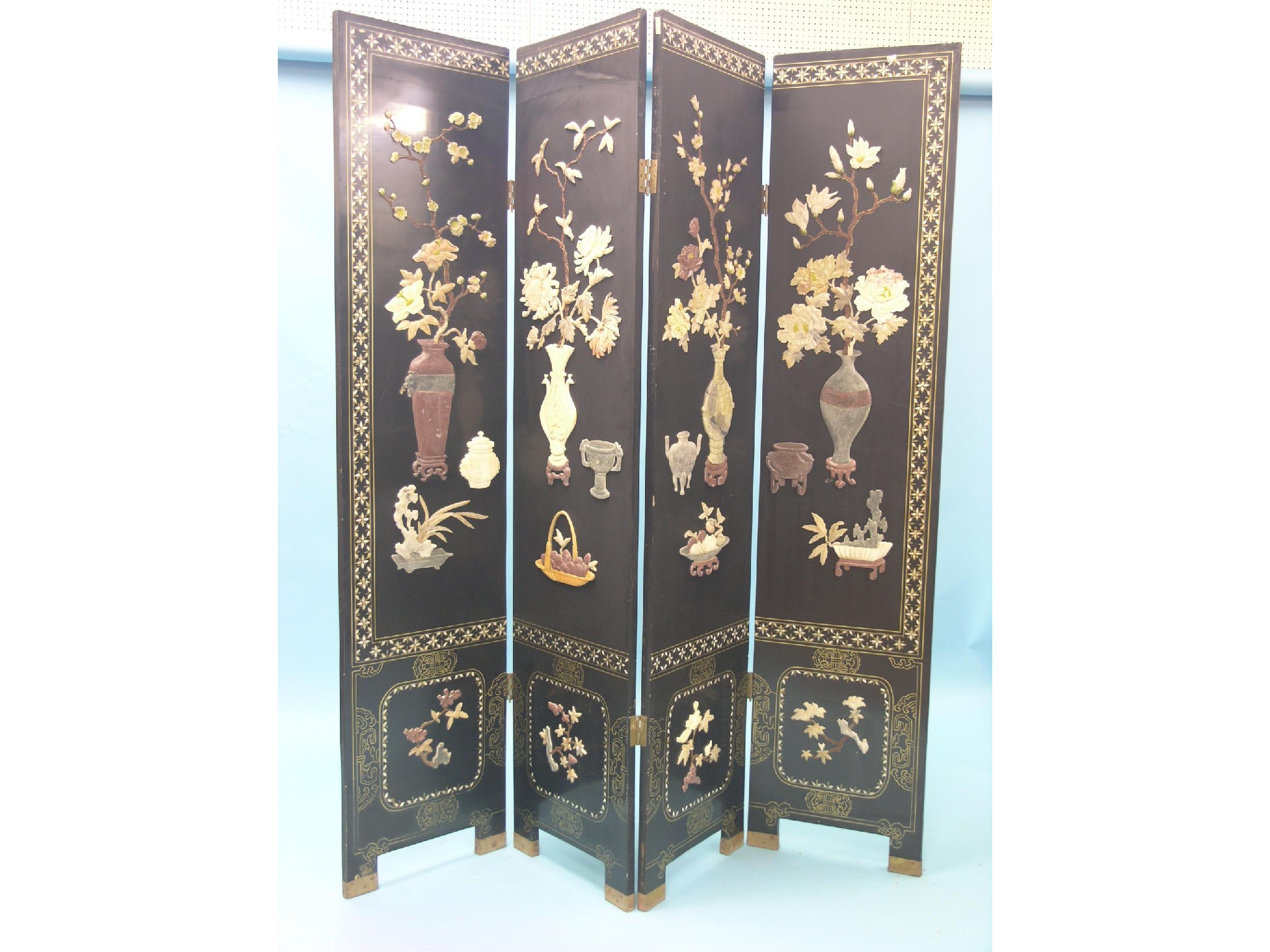 Appraisal: A four-section folding screen bright floral designs in coloured gemstones