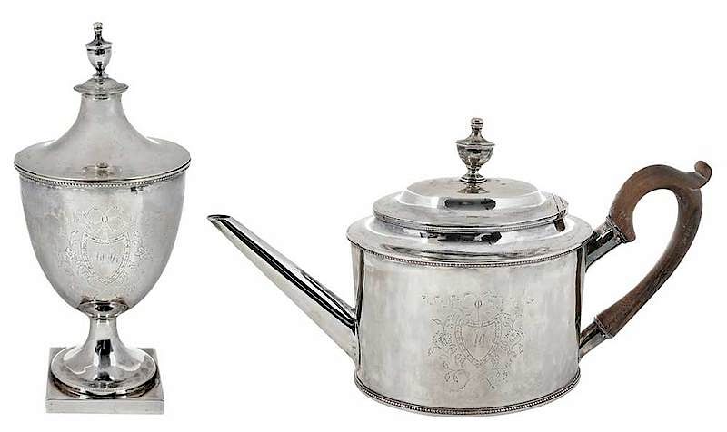 Appraisal: John Burger Coin Silver Teapot and Urn American late th