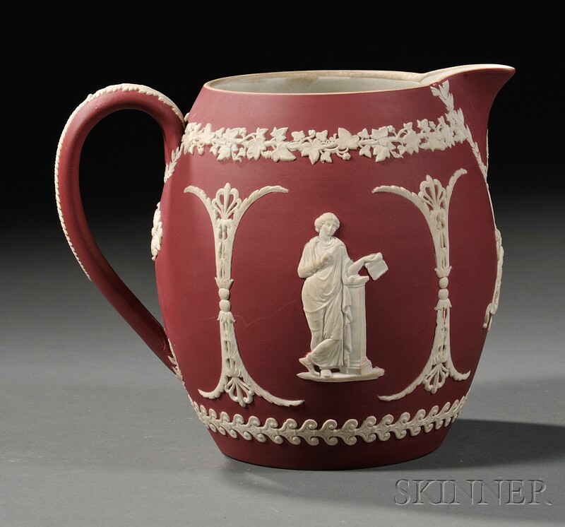 Appraisal: Wedgwood Crimson Jasper Dip Jug England c barrel-shape with applied