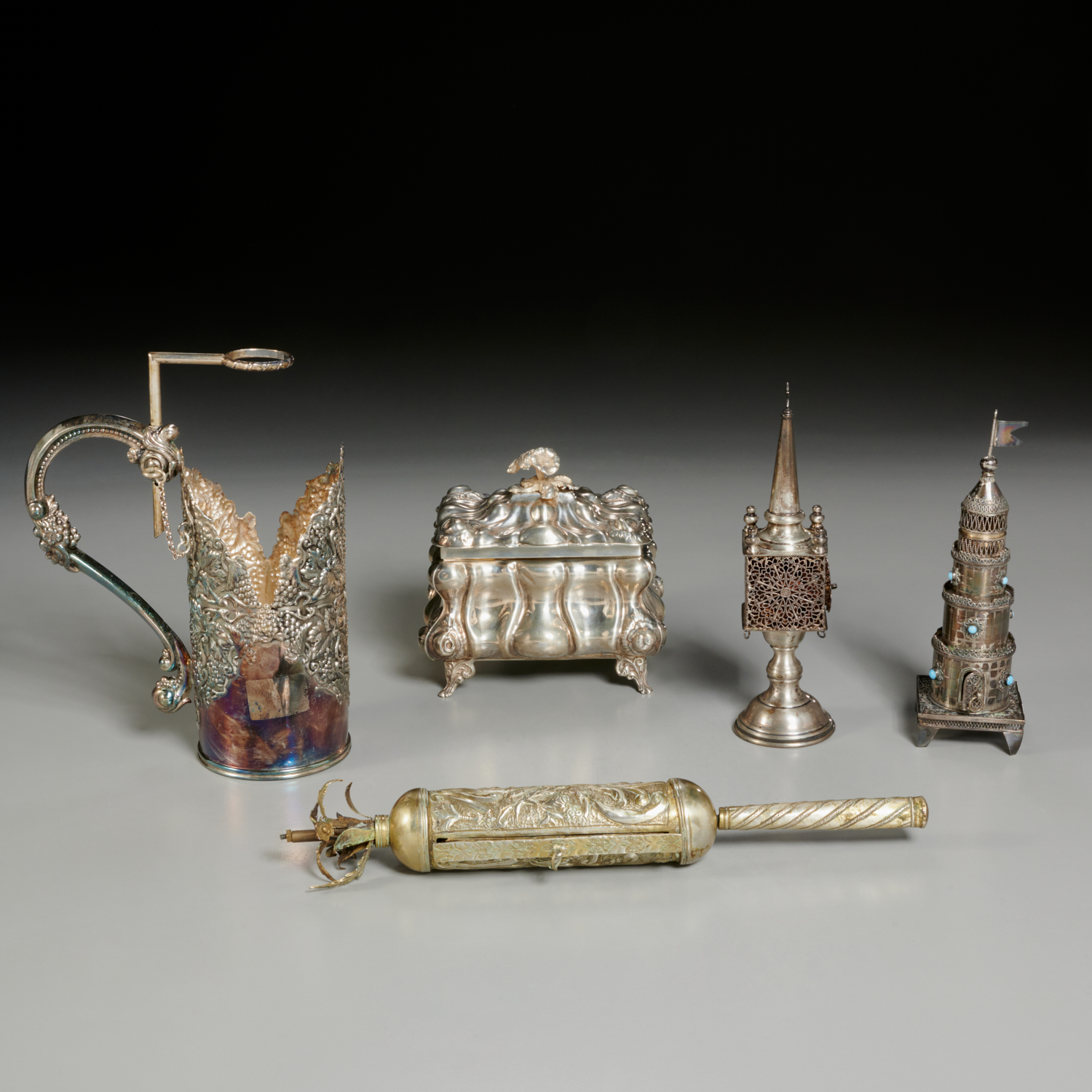 Appraisal: JUDAIC SILVER GROUPING th c pieces incl a sterling wine