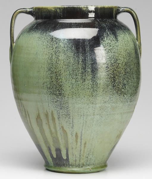 Appraisal: ZANESVILLE Large two-handled vase covered in green and mahogany flambe