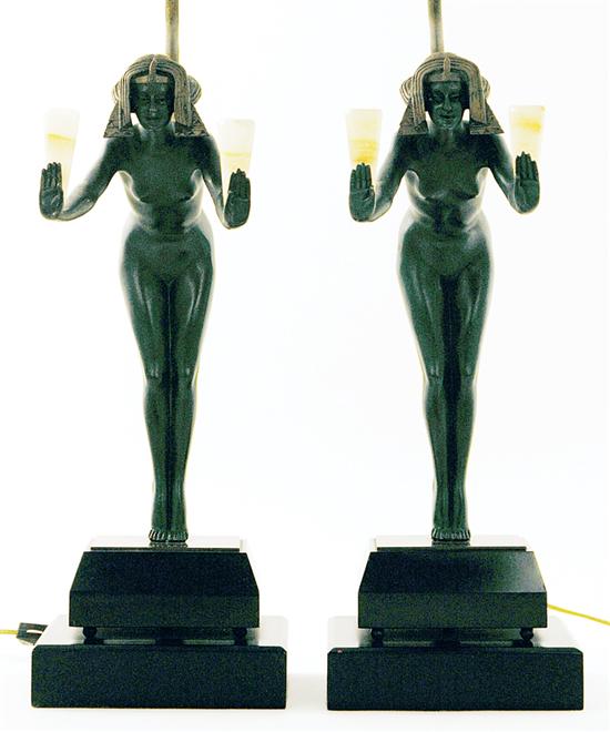 Appraisal: Pair French Art Deco bronze figural table lamps manner of