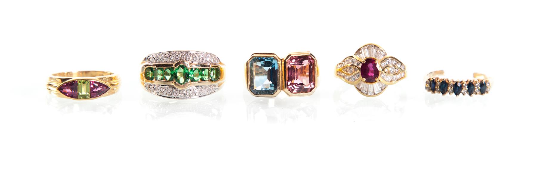 Appraisal: GROUP OF FIVE GOLD AND GEM-SET RINGS Twentieth century Group