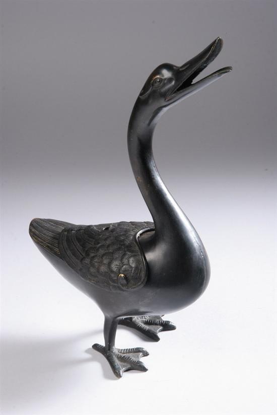 Appraisal: JAPANESE BRONZE DUCK-FORM CENSER Meiji period Standing the c-form neck