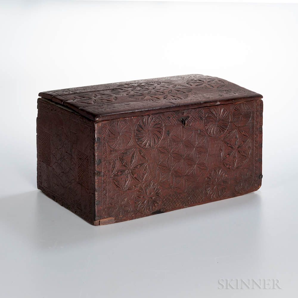 Appraisal: Chip-carved and Red-painted Pine Box Chip-carved and Red-painted Pine Box