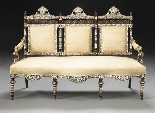 Appraisal: A Levantine shell and bone inlaid marquetry hardwood settee late