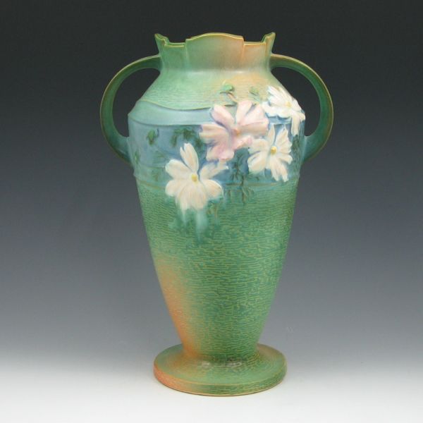 Appraisal: Roseville green Cosmos handled vase Faintly marked Roseville - Shallow