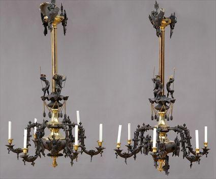 Appraisal: PAIR OF RENAISSANCE REVIVAL CAST METAL AND BRASS SIX-LIGHT CHANDELIERS