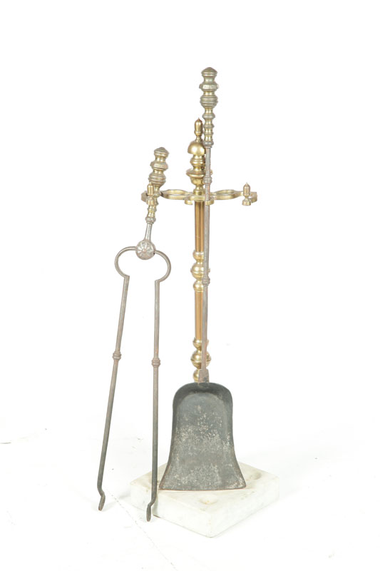 Appraisal: FIREPLACE TOOLS AND STAND American th century Brass stand with