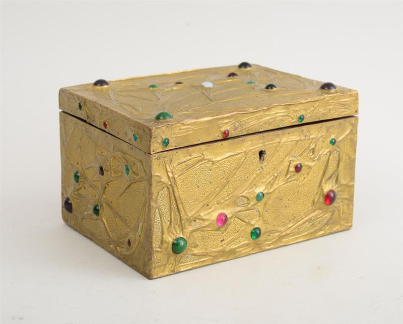 Appraisal: BRASS-CLAD COFFRET WITH COLORED GLASS MOUNTS ATTRIBUTED TO ALFRED DAGUET